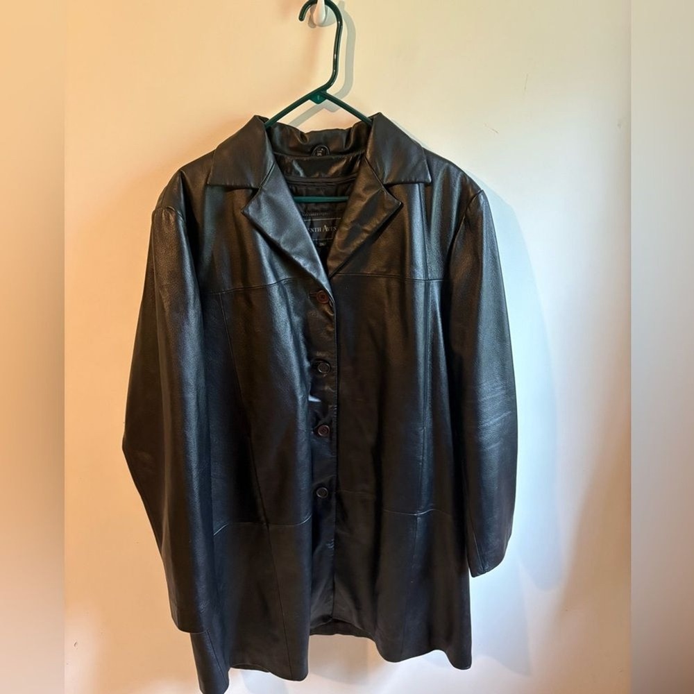 Seventh Avenue Womens 2XL Black Leather Car Coat Jacket Button Front Mid Length